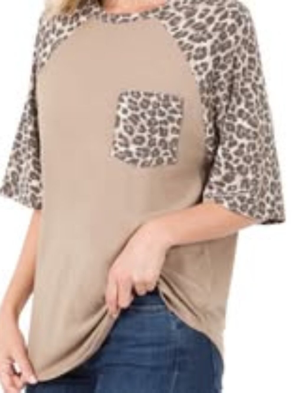 Tan Leopard Pocket and Sleeve Top